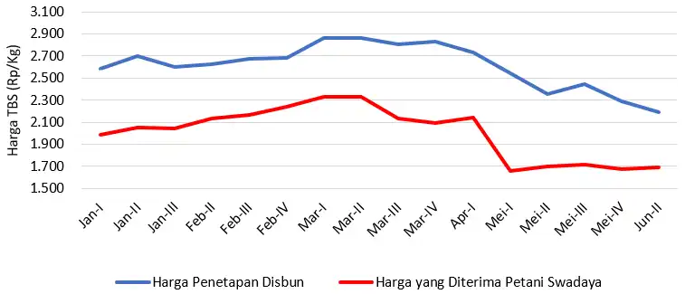Perbedaan Harga TBS antara Penetapan Disbun versus Harga yang Diterima Petani Sawit Swadaya Periode Januari Juni 2023 PENGEMBANGAN MINYAK MAKAN MERAH BERBASIS KOPERASI PETANI SEBAGAI SOLUSI PENGUATAN SAWIT RAKYAT DAN PENINGKATAN SOCIAL WELFARE (2023) Perbedaan Harga TBS antara Penetapan Disbun versus Harga yang Diterima Petani Sawit Swadaya Periode Januari Juni 2023